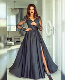 A-line V-neck Long Sleeves Prom Dress Lace Appliques Formal Gown OKR73