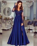 A-line V-neck Long Sleeves Prom Dress Lace Appliques Formal Gown OKR73