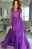 A-line V-neck Long Sleeves Prom Dress Lace Appliques Formal Gown OKR73