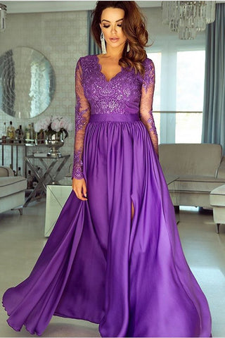 A-line V-neck Long Sleeves Prom Dress Lace Appliques Formal Gown OKR73