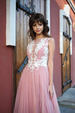 A-line Bateau Pink Tulle Long Prom Dress Applique Formal Gown OKR53