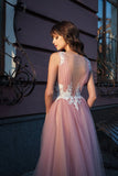 A-line Bateau Pink Tulle Long Prom Dress Applique Formal Gown OKR53