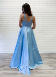 A-line V-neck Lace Appliques Long Satin Prom Dress Blue Evening Party Dress OKR67
