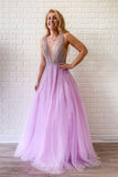 A-line V-neck Lilac Long Prom Dress Tulle Beaded Evening Gown OKR64