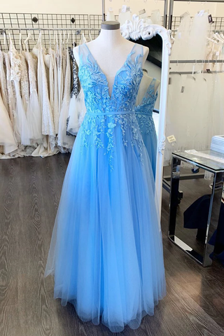 A-line V-neck Blue Long Prom Dress Applique Tulle Evening Dress OKR63