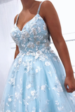 Spaghetti Straps Sky Blue Floral Appliques A Line Long Prom Dress Evening Dress OKR61