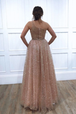 A-line One Shoulder Sparkly Long Sequins Prom Dress Evening Dress OKR62