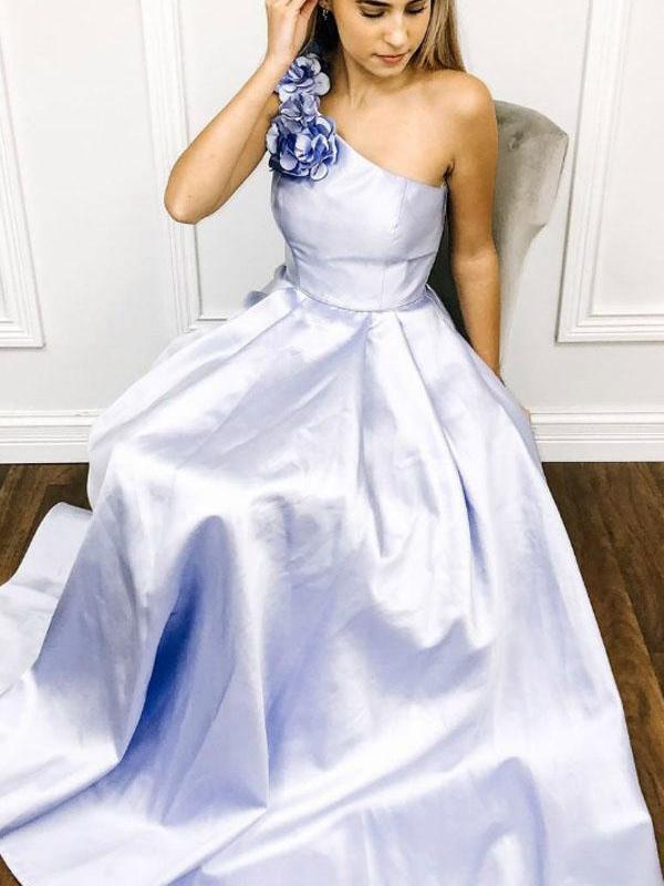 A-line One Shoulder Satin Long Prom Dress With Flowers Evening Dress OKR60