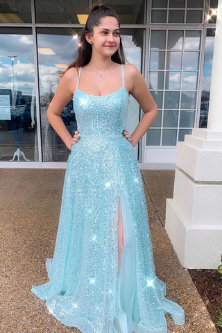 Spaghetti Straps Sky Blue Prom Dress With Slit Sparkly A Line Formal Dress OKR59