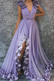 A Line V Neck Long Flowers Rushed Prom Dress With Silt Evening Dress OKR47