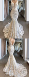 Trumpet/Mermaid V neck Ivory Lace Formal Prom Dress Evening Dress OKR50