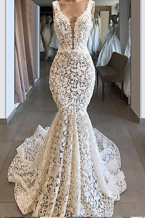 Trumpet/Mermaid V neck Ivory Lace Long Prom Dress Evening Dress OKR50
