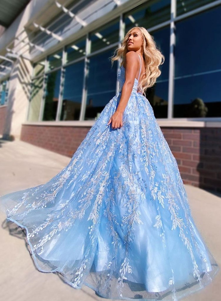 A-line Spaghetti Straps Lace Appliques Sky Blue Long Prom Dress Evening Dress OKR51