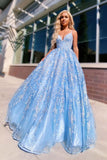 A-line Spaghetti Straps Lace Appliques Sky Blue Long Prom Dress Evening Dress OKR51