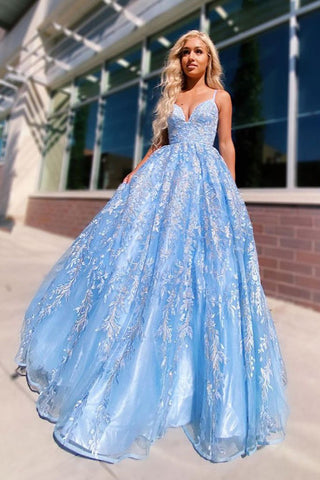 A-line Spaghetti Straps Lace Appliques Sky Blue Long Prom Dress Evening Dress OKR51