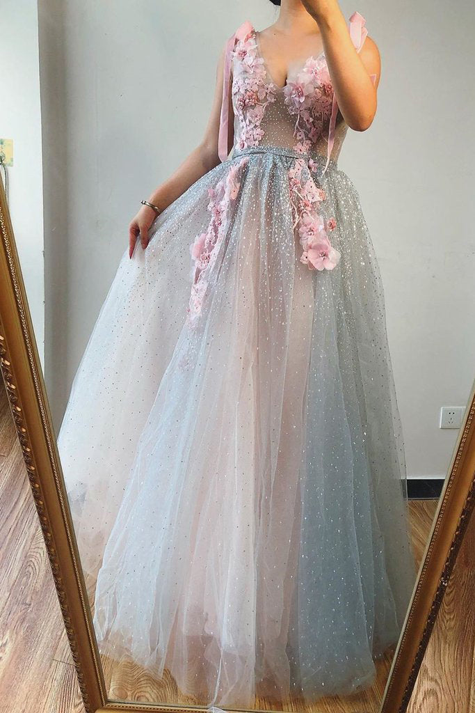 A-line V Neck Beaded Pink Flowers Long Prom Dress Beautiful Evening Gowns OKS71