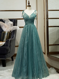 Spaghetti Straps Tulle Modest A Line Evening Dress Long Prom Dress OKR98