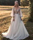 A-line Long Sleeve Lace Appliques Tulle Sheer Neck Wedding Dress OKV24