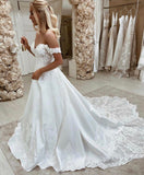 A-line Sweetheart Off Shoulder Lace Appliques Elegant Bride Gowns OKV39