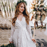 A Line Lace Long Sleeves Wedding Dress Long Pregnant Beach Maxi Gowns OKV30