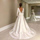 Vintage Long Sleeves Ivory Backless Simple Style Wedding Dress With Bowknot OKD96