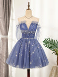 Flowy Cute A-line Blue Homecoming Dress Short Beading Prom Dress OK918