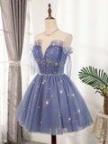 Flowy Cute A-line Blue Homecoming Dress Short Beading Prom Dress OK918