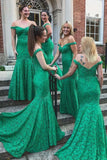 Mermaid Off-the-shoulder Sweep Train Green Lace Bridesmaid Dress OKR24