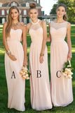 Simple Chiffon Blush Pink A-Line Floor-Length Cheap Bridesmaid Dresses OKD61