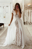 Gorgeous Deep V Neck Cap Sleeves Lace Tulle Wedding Dress OK1086