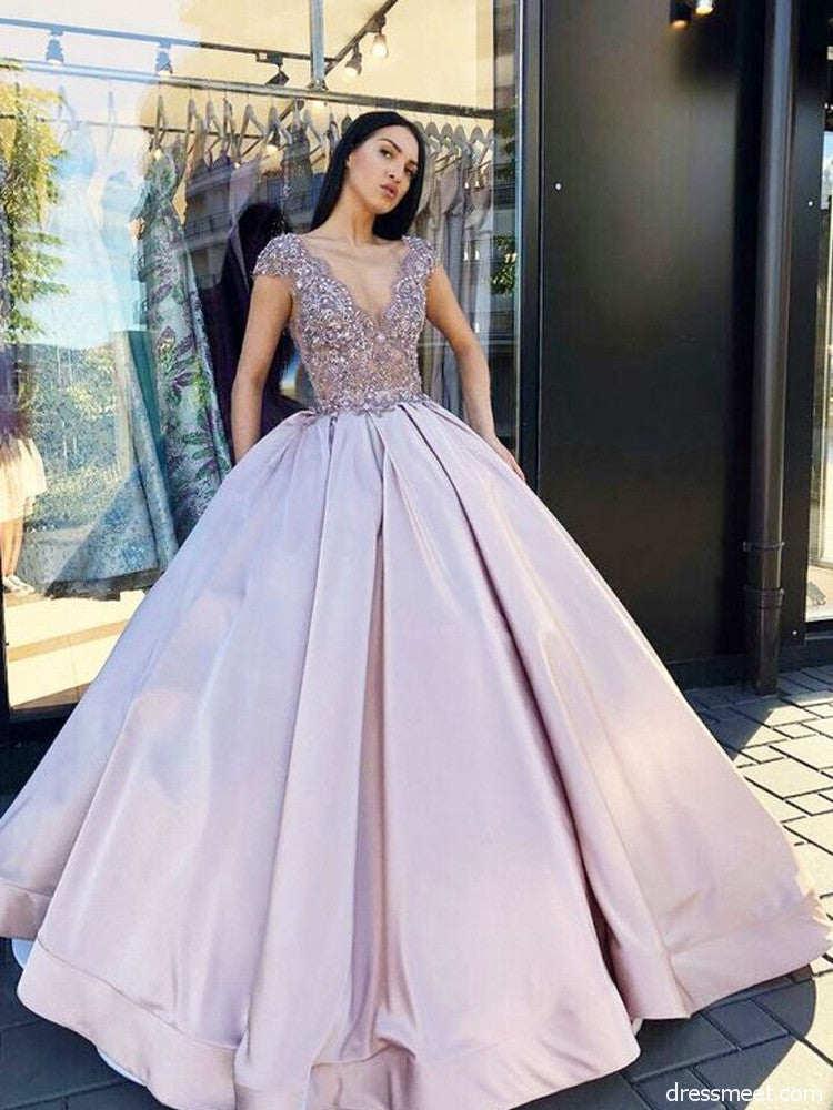 Lovely Ball Gown V Neck Lavender Long Prom Dress with Beaded OKF62