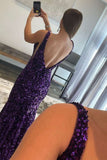 Charming Mermaid Deep V Neck Purple Sequins Long Prom Dress N122