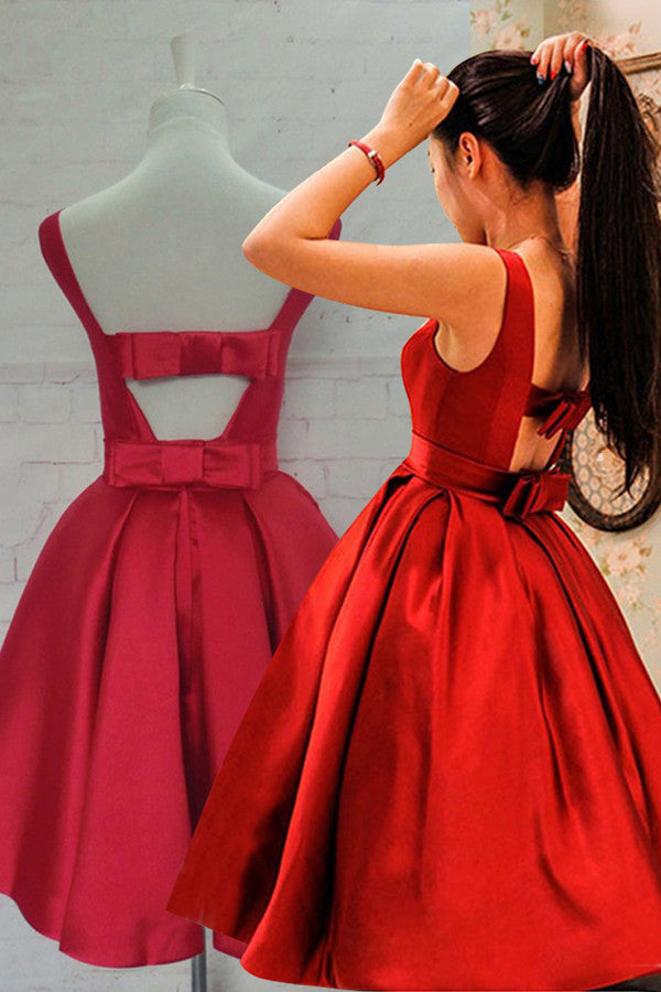Simple Hot-selling Bateau Satin Short Red Homecoming Dresses with Bowknot OK337