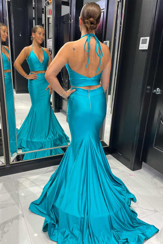 Two Pieces Teal Blue Halter Mermaid Long Prom Dress Evening Dress OK1530