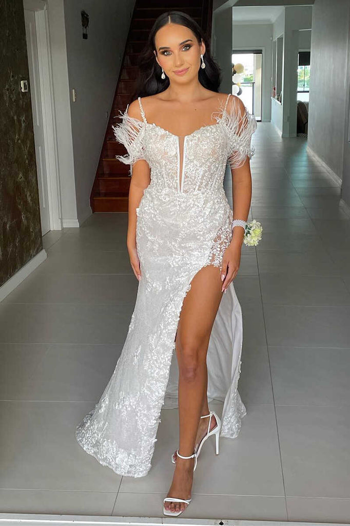 White Appliques Cold-Shoulder Long Prom Gowns with Slit Formal Evening Dress OK1532