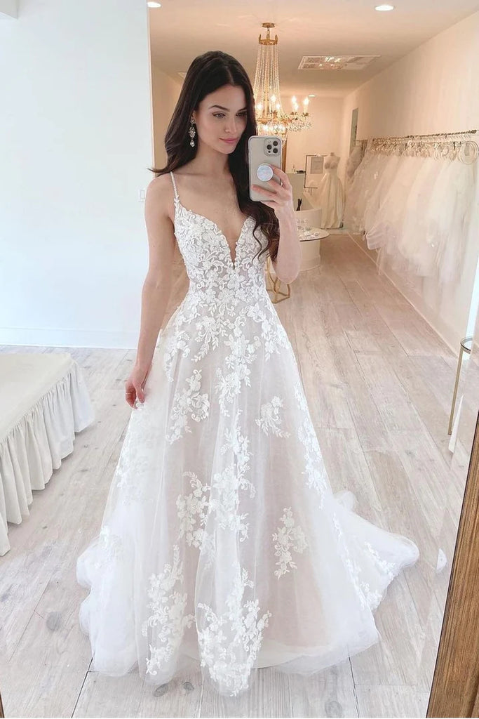 Appliques Lace Bride Dress with Beaded Straps Charming A Line Wedding Dress OK1707