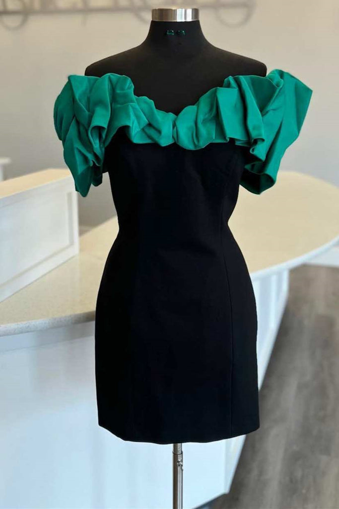 Off-the-Shoulder Emerald and Black Ruffled Homecoming Dress Cocktail Dress OK1740