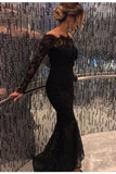 Mermaid Black Elegant Off the Shoulder Long Lace Long Sleeves Sexy Prom Dresses OK141