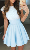 A-Line Jewel Cap Sleeves Pearl Pink Short Homecoming/Prom Dresses with White Lace OK292