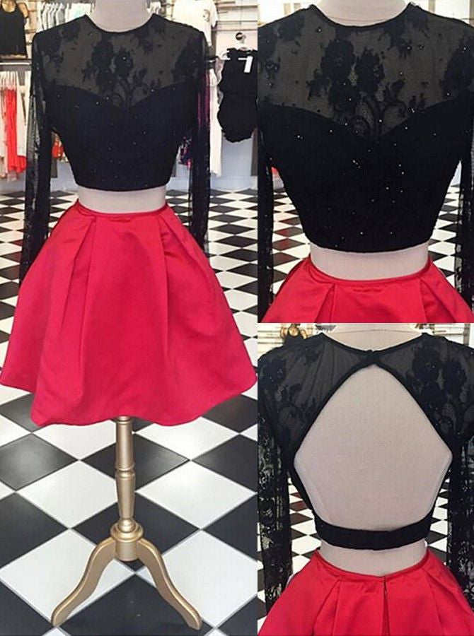 Long sleeve two pieces open back unique style red homecoming prom dress with black lace OK324