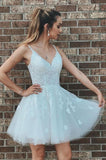 A-line V Neck Tulle Lace Appliques Short Homecoming Dress School Event Dress OKZ722