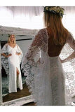 Ivory Wedding Dresses with Batwing Sleeve Lace Backless Bridal Dress OKN89