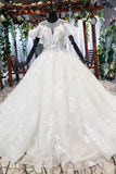 Elegant Ball Gown Big Wedding Dress, Appliques Bridal Dress with Short Sleeves OKN73