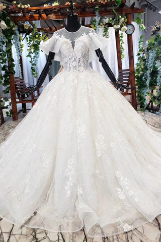 Elegant Ball Gown Big Wedding Dress, Appliques Bridal Dress with Short Sleeves OKN73
