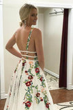 Charming V Neck Floral Embroidery Long Lace Prom Dresses with Pocket N1482