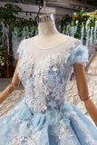 Princess Light Sky Blue Prom Dresses with Flowers, Ball Gown Quinceanera Dress OKP50