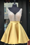 A Line V Neck Sleeveless Homecoming Dresses, Beading Satin Short Prom Dresses OKN41