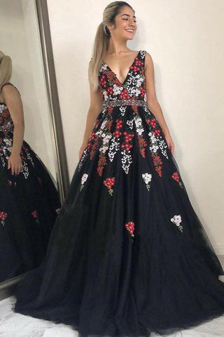 Charming V-Neck Black Floral Appliques Beading Sleeveless Long Prom Dresses OKI40