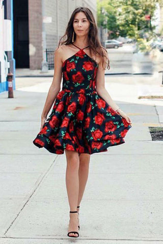 A-Line Cross V-Neck Above Knee Floral Satin Homecoming Dress OKO44