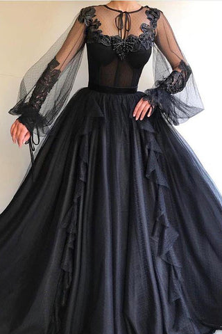 Black Long A-line Tulle Prom Dresses, Long Sleeves Modest Evening Gown OKG82